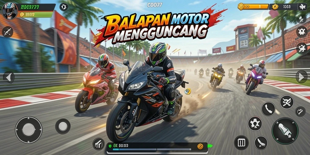 Screenshot COO77 menampilkan aksi balapan motor yang mendebarkan.