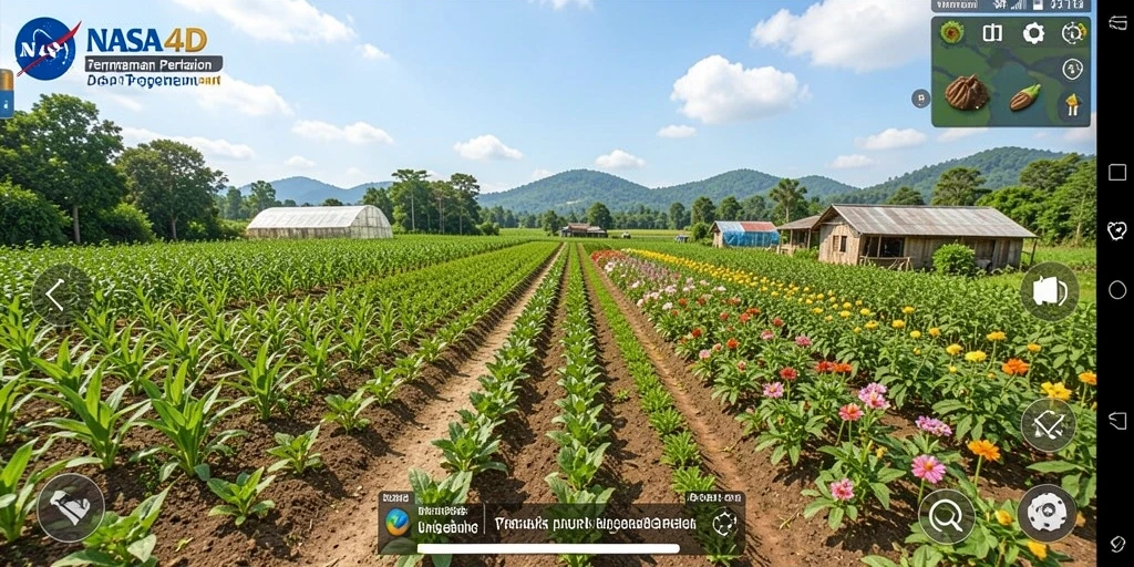 Screenshot gameplay NASA4D menampilkan taman yang subur dan berwarna-warni.