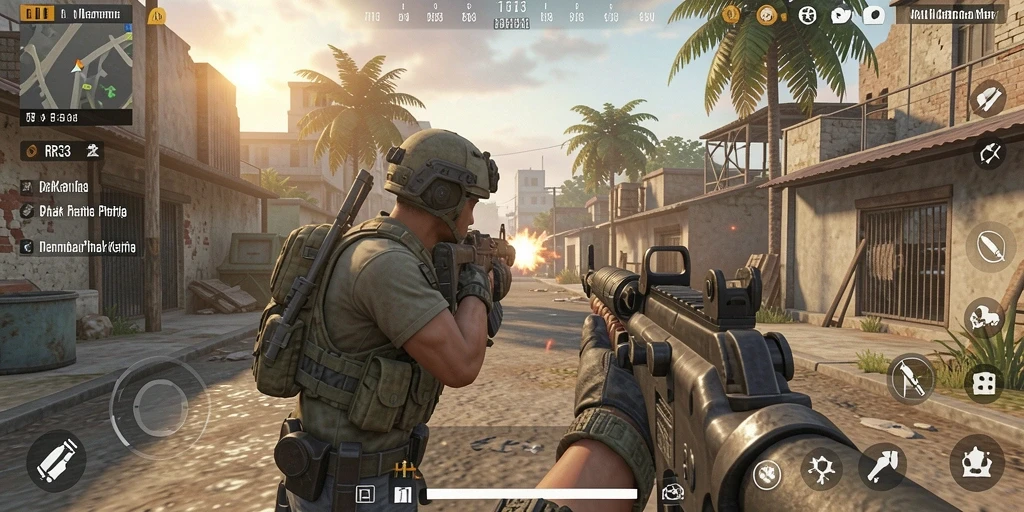 Screenshot gameplay RR33 menampilkan aksi tembak-menembak yang intens.