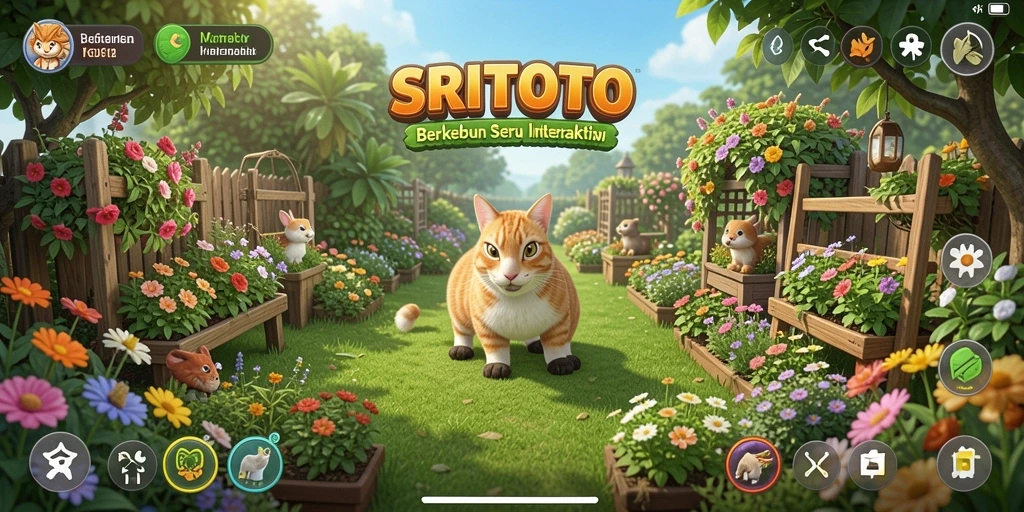 Tampilan gameplay SRITOTO yang menampilkan kebun yang indah dan interaksi petani.